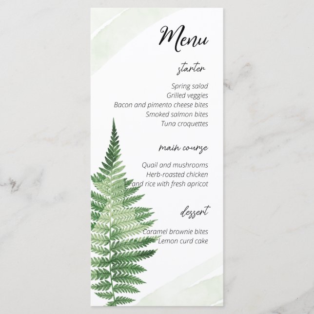 Minimalistisches Green Fern Wedding Menu Menükarte (Vorderseite)