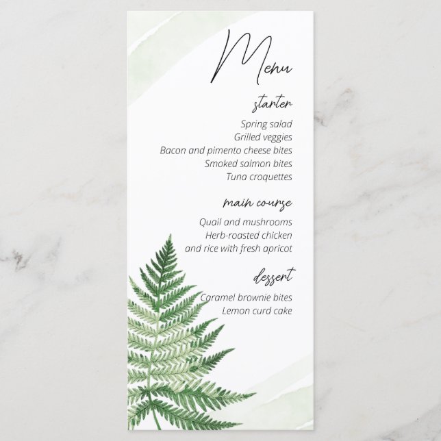 Minimalistisches Green Fern Wedding Menu Menükarte (Vorderseite)