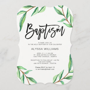 Minimalistisches Grün-Blätter auf weißer Taufe Einladung
