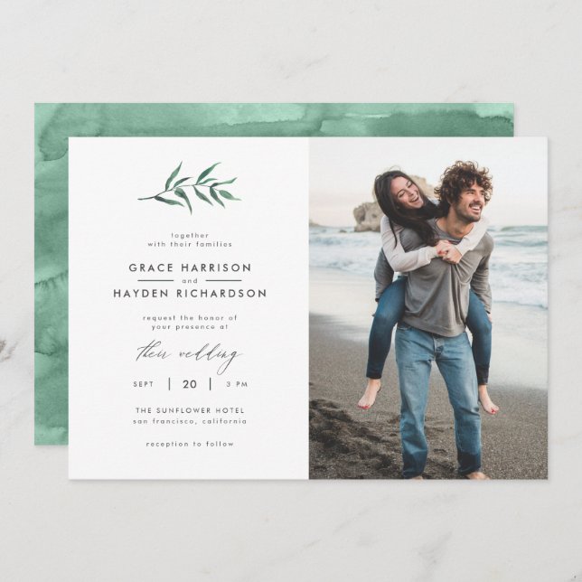 Minimalistisches Grünes Foto für Hochzeiten Einladung (Vorne/Hinten)