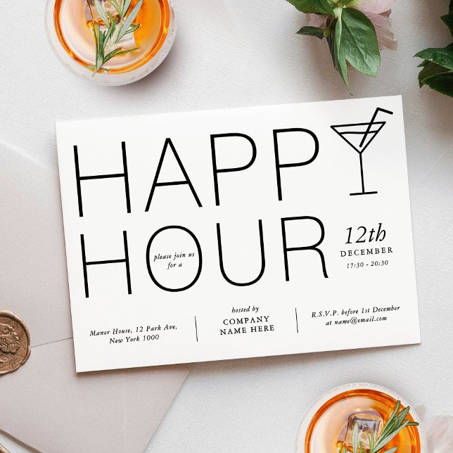 Minimalistisches Happy-Hour-Kundenbewertungsgeschä Einladung (Minimalist Happy Hour Client Appreciation Business Invitation in black and white)