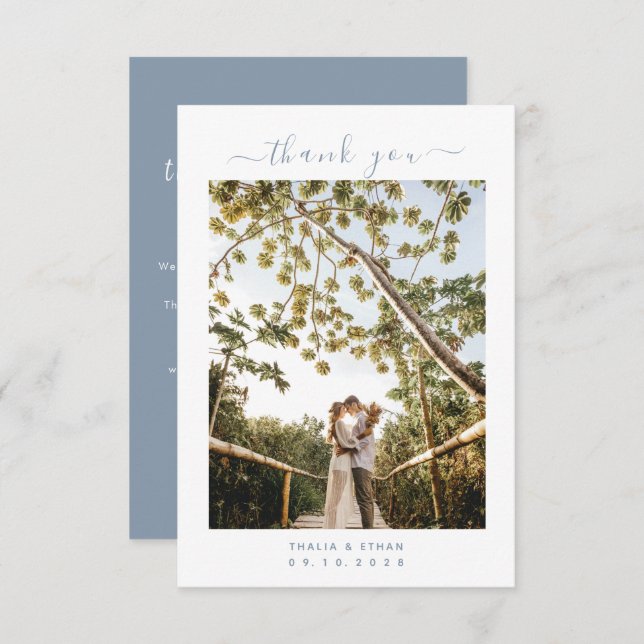 Minimalistisches helles blaues Elegant mit Foto Ho Dankeskarte (Vorne/Hinten)