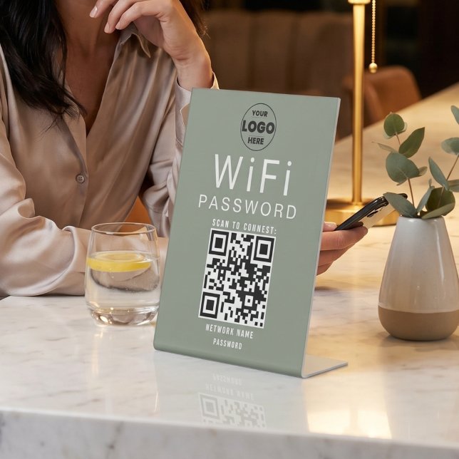 Minimalistisches Hellgrünes Business-WiFi-QR-Code- Sockelschild (Minimalist Sage Green Business WiFi QR Code Logo Pedestal Sign)