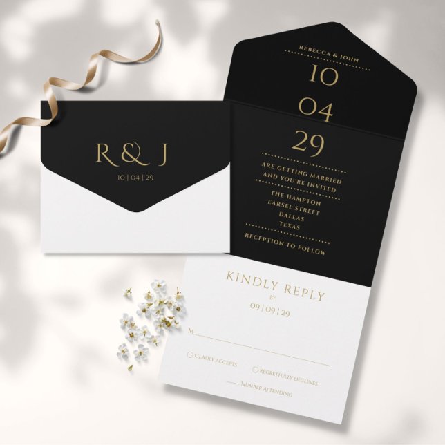 Minimalistisches Hochzeitdatum für Schwarz-Gold-Mo All In One Einladung (Von Creator hochgeladen)