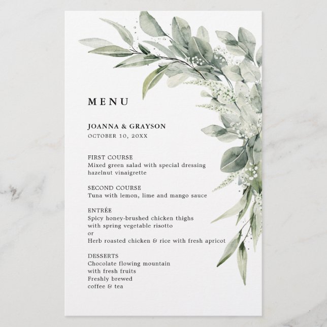 Minimalistisches Hochzeitmenü für Eukalyptus-Sage (Vorderseite)