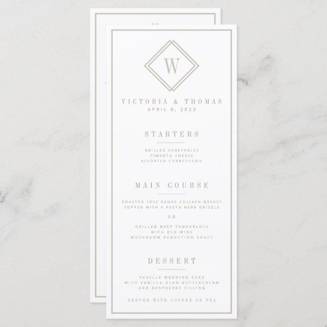 Minimalistisches Hochzeitsmenü in Weiß/Beige Menükarte (Vorne/Hinten)