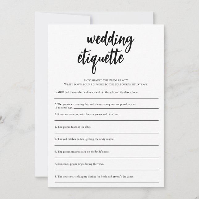 Minimalistisches Hochzeitspiel Etiquette Brautpart Einladung (Vorderseite)