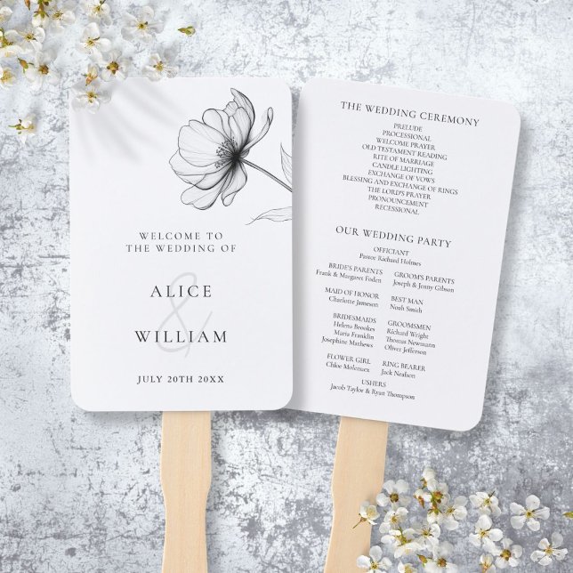 Minimalistisches Hochzeitsprogramm für Blumen Fächer (Minimalist Elegant Floral Wedding Program Hand Fan)