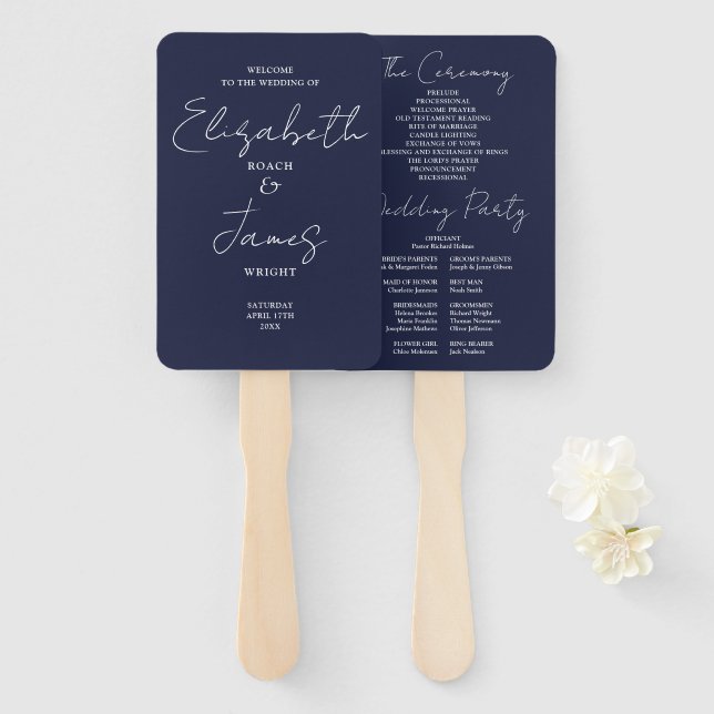 Minimalistisches Hochzeitsprogramm für Navy Blue Fächer (Vorne und Hinten)