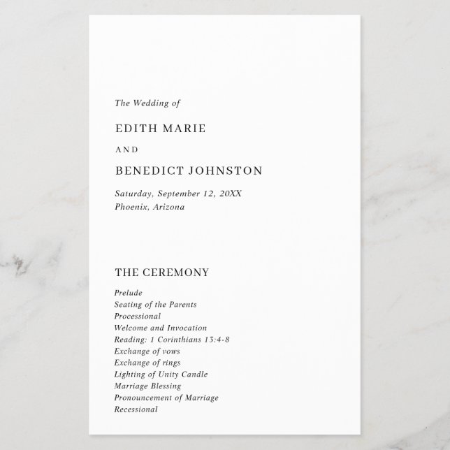 Minimalistisches Hochzeitsprogramm für Schwarz und (Vorne)