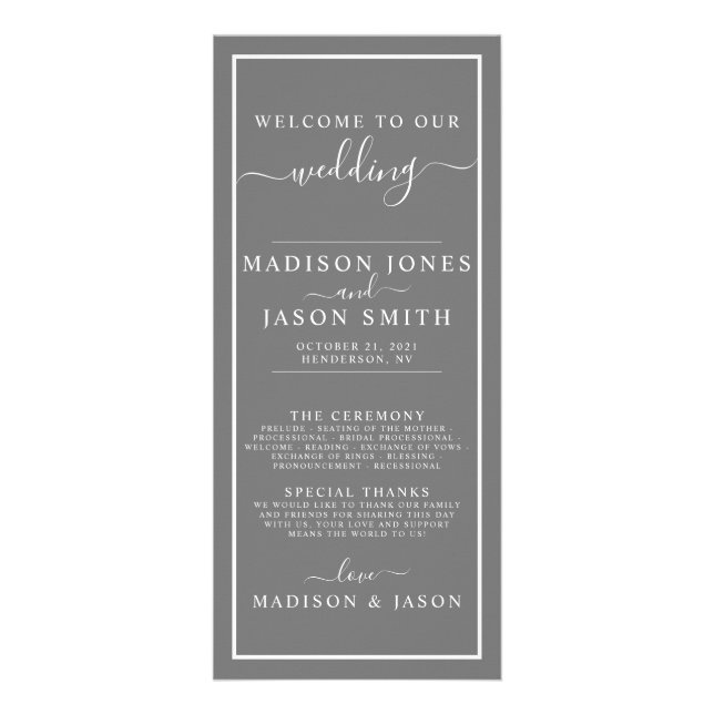 Minimalistisches Hochzeitsprogramm in Grau und Wei Werbekarte (Vorne)