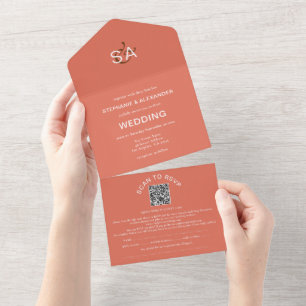 Minimalistisches Initialen-QR-Code Terrakotta-Hoch All In One Einladung