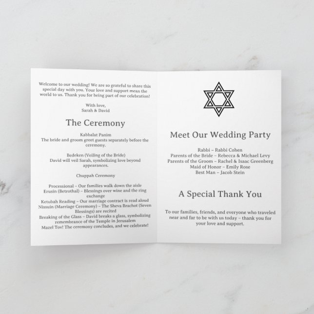 Minimalistisches jüdisches Hochzeitsprogramm Programm (Innenseite)