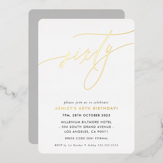 MINIMALISTISCHES Kalligraphie-Chic-Gold zum 60. Ge Folieneinladung (Vorderseite/Rückseite)