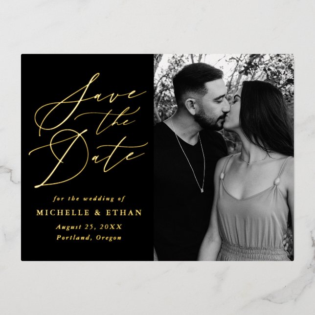 Minimalistisches kalligraphisches Foto Save the Da Folie Einladungspostkarte (Vorderseite)