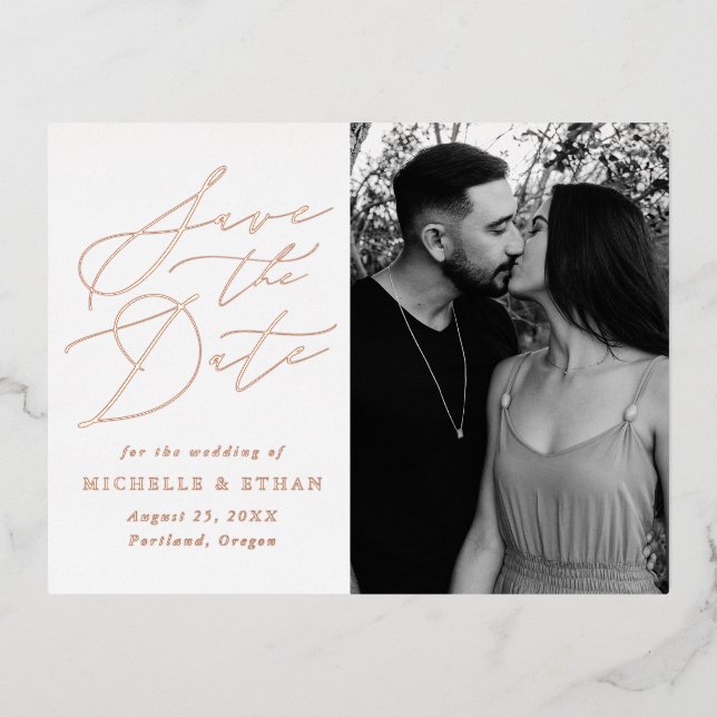 Minimalistisches kalligraphisches Foto Save the Da Folie Einladungspostkarte (Vorderseite)