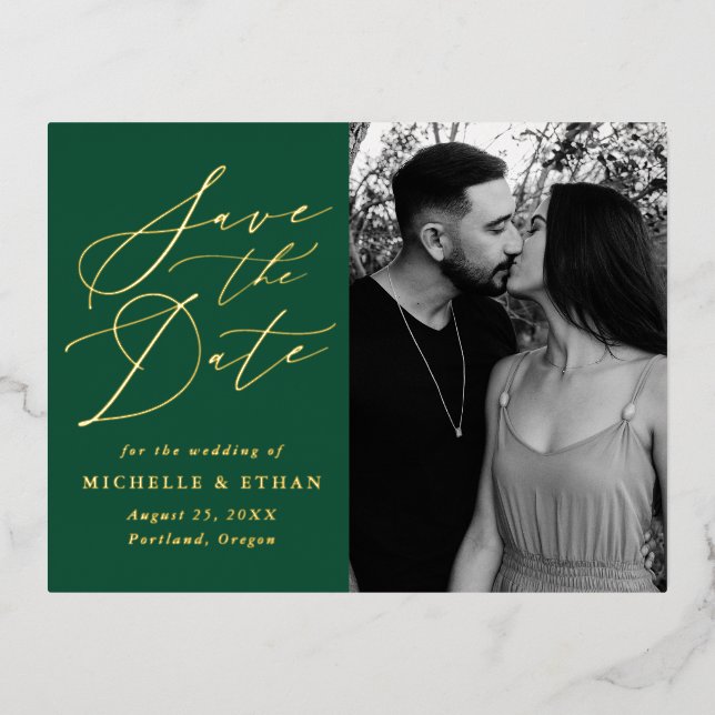 Minimalistisches kalligraphisches Foto Save the Da Folie Einladungspostkarte (Vorderseite)