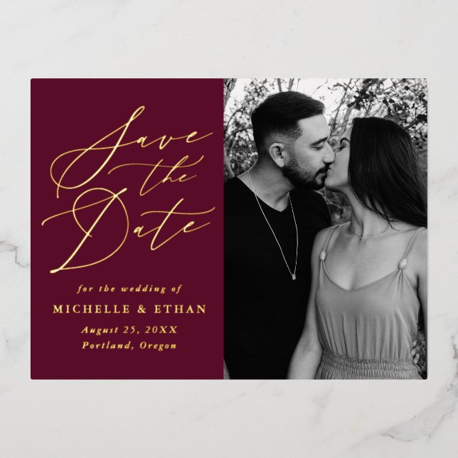 Minimalistisches kalligraphisches Foto Save the Da Folie Einladungspostkarte (Vorderseite)