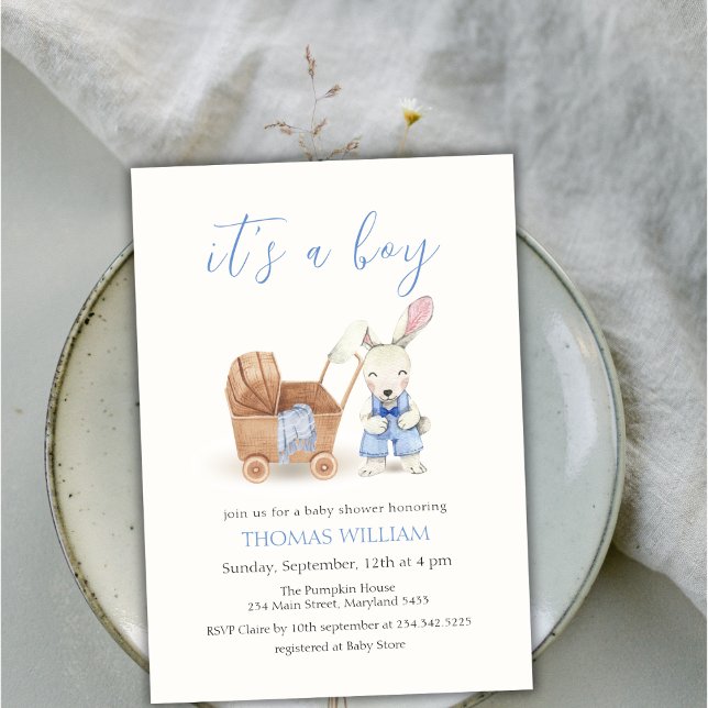 Minimalistisches Kinderzimmer Kaninchenjunge Babyd Einladung (Minimalist Nursery Stroller Rabbit Boy Baby Shower Invitation)