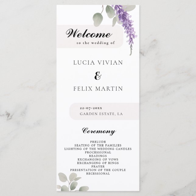 Minimalistisches Lavender Eucalyptus-Hochzeitsprog Menükarte (Vorderseite)