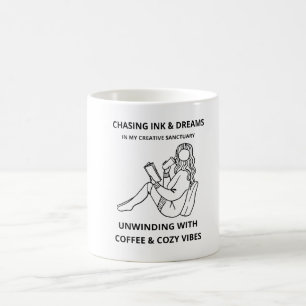 MINIMALISTISCHES LINE ART PLAKAT MIT LESENDER FRAU KAFFEETASSE