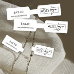 Minimalistisches Logo Jewerpreise-Barbell-Label Aufkleber<br><div class="desc">Erstellen Sie personalisierte Jewerly-Preis-Tags mit diesem modernen, schwarz-weiß-jüdisch-barsch-Label-Template. Mit Platz für Ihr Logo, Website und Preis. Dieser Schmuckanhänger-Aufkleber eignet sich hervorragend für Halsketten, Armbänder oder andere handgefertigte Schmuckstücke. Die Standard-Vorlagengröße ist Set mit 16 Schmuckstiften im Barbellstil, die jeweils etwa 0, 5" x 1" betragen, wenn sie umgeklappt werden (ungefaltet sind...</div>