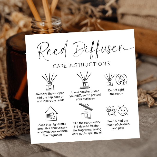 Minimalistisches Logo mit den Reed Diffuser Care I Quadratische Visitenkarte (Simple reed diffuser care cards with black and white background, air freshener care icons and logo)
