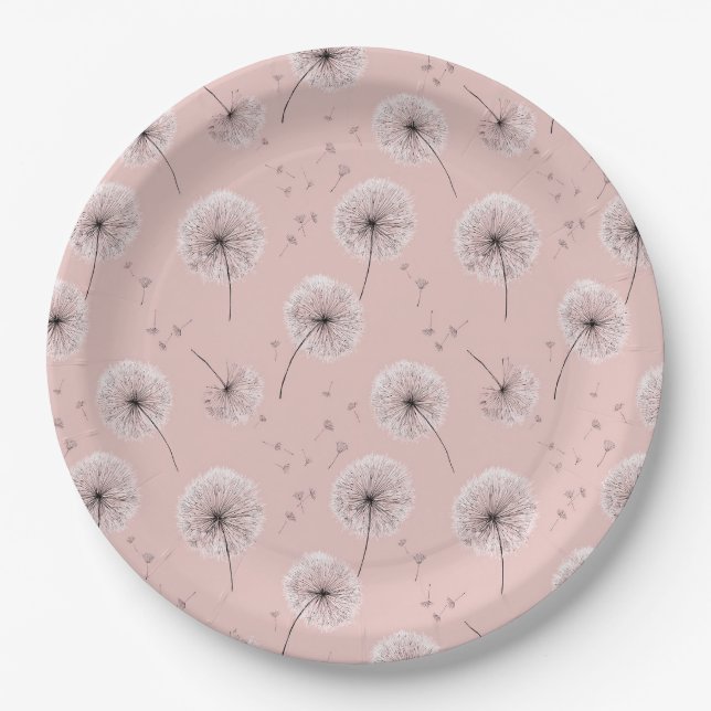 Minimalistisches Löwenzahnsamen-Muster Rosa (1) Pappteller (Vorderseite)