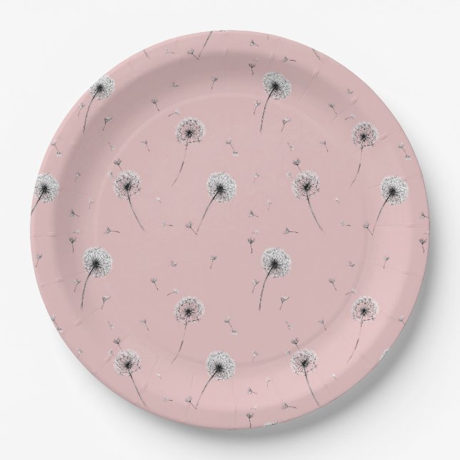 Minimalistisches Löwenzahnsamen-Muster Rosa (2) Pappteller (Vorderseite)