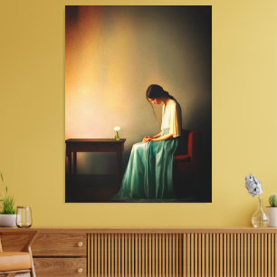 Minimalistisches Mädchen mit Blumen-Wandkunst – Em Leinwanddruck