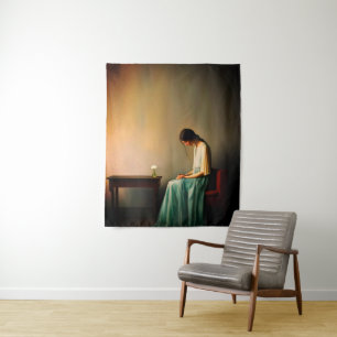 Minimalistisches Mädchen mit Blumen-Wandkunst – Em Wandteppich