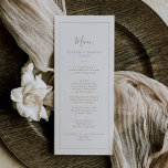 Minimalistisches Menü für Hochzeiten Menükarte<br><div class="desc">Diese minimalistisch vergoldete Dinner-Karte ist perfekt für eine einfache Hochzeit. Das moderne romantische Design besticht durch klassische Goldtypografie und Weiß, gepaart mit einer rustikalen und eleganten Kalligraphie mit Vintagem handgeschriebenem Stil. Anpassbar in jeder Farbe. Behalt das Design einfach und elegant, wie es ist, oder personalisiere es durch Hinzufügen von eigenen...</div>