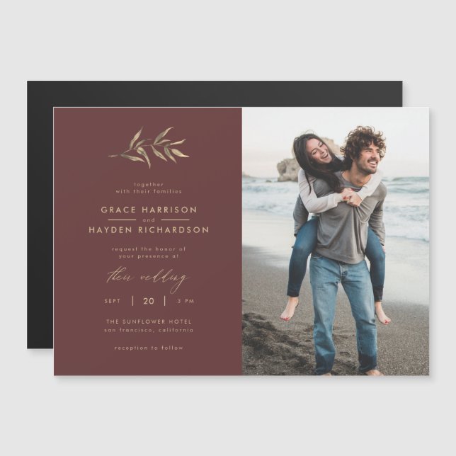 Minimalistisches Merlot Red & Sepia Branch Wedding Magneteinladung (Vorne/Hinten)