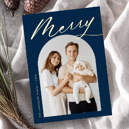 Minimalistisches Merry Navy und Gold Script 2 Foto Folien Feiertagskarte