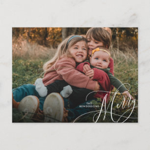 Minimalistisches Merry Script Holiday Foto Postkarte