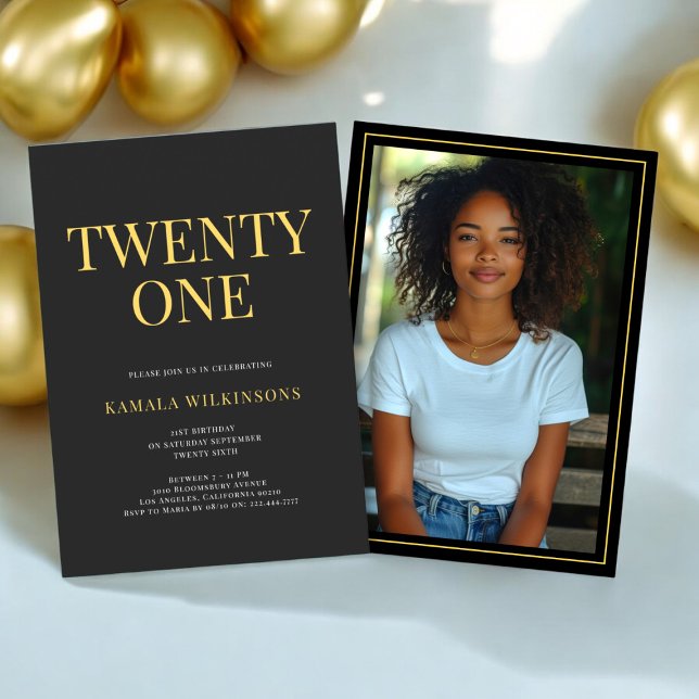 Minimalistisches modernes Black Gold Foto 21. Gebu Einladung (modern 21st birthday invitation in black and gold with a photo on the back )