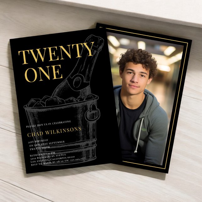 Minimalistisches modernes Black Gold Foto 21. Gebu Einladung (boys 21st birthday invitation in gold and black , celebrate in style , fully editable)