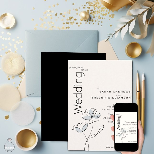 Minimalistisches modernes Blumendusty Blue und Buf Einladung (Von Creator hochgeladen)