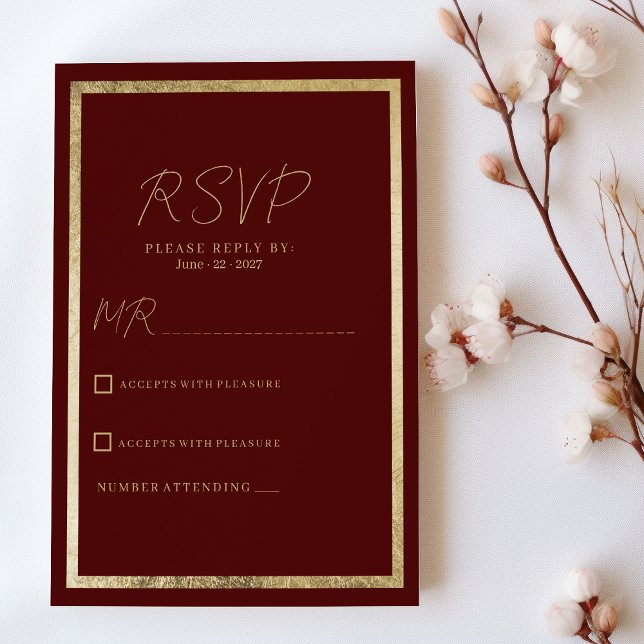 Minimalistisches, modernes bordeauxfarbenes UAWG Einladung (Minimalist elegant modern burgundy gold RSVP)