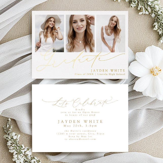 Minimalistisches modernes Chic-Script 3 Foto-Absch Folieneinladung (Minimalist Modern Chic Script 3 Photo Graduation Foil Invitation)