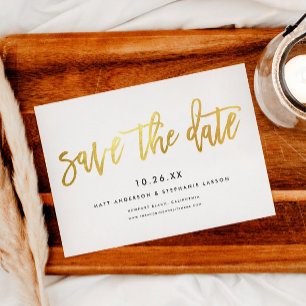 Minimalistisches modernes Chic-Script weiß + Gold Save The Date