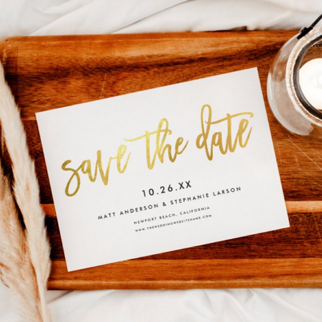Minimalistisches, modernes Drehbuch weiß + Gold Save The Date (Von Creator hochgeladen)