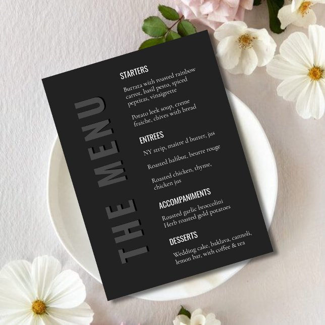Minimalistisches modernes Hochzeitsmenü in Schwarz (Von Creator hochgeladen)