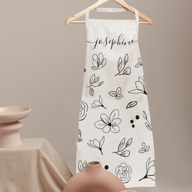 Minimalistisches, modernes Schwarz-Blüten Personal Schürze (Personalized White apron with black floral illustration by Lorena Depante.)