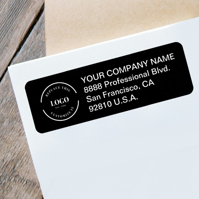 Minimalistisches modernes schwarzes benutzerdefini (Custom black return address label with business logo and address.)