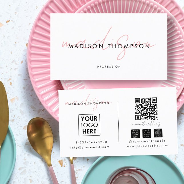 Minimalistisches, modernes Script QR Code Social M Visitenkarte (Minimalist Modern Script QR Code Social Media Logo Business Card)
