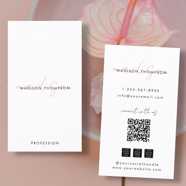 Minimalistisches, modernes Script QR Code Social M Visitenkarte (Minimalist Modern Script QR Code Social Media Chic Business Card)