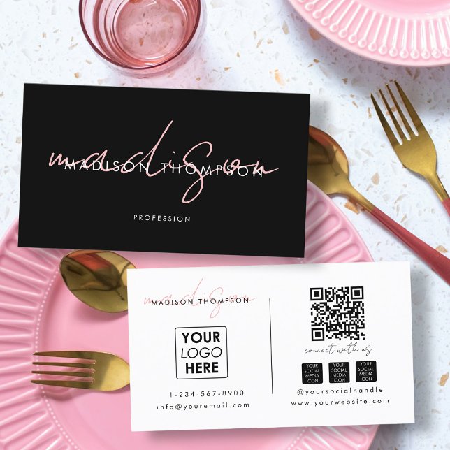 Minimalistisches, modernes Script QR Code Social M Visitenkarte (Minimalist Modern Script QR Code Social Media Logo Business Card)