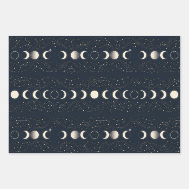 Minimalistisches Mondphasenmuster mit Sternen und  Geschenkpapier Set (Vorderseite)