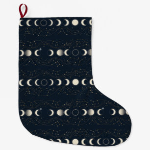 Minimalistisches Mondphasenmuster mit Sternen und Großer Weihnachtsstrumpf